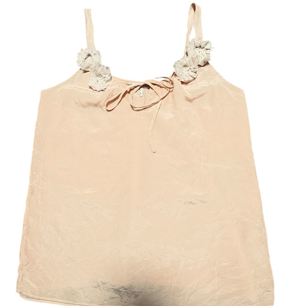 Banana Republic Silk Top Peach Rosette Strap Tie Neck Petite XS Lined Sleeveless